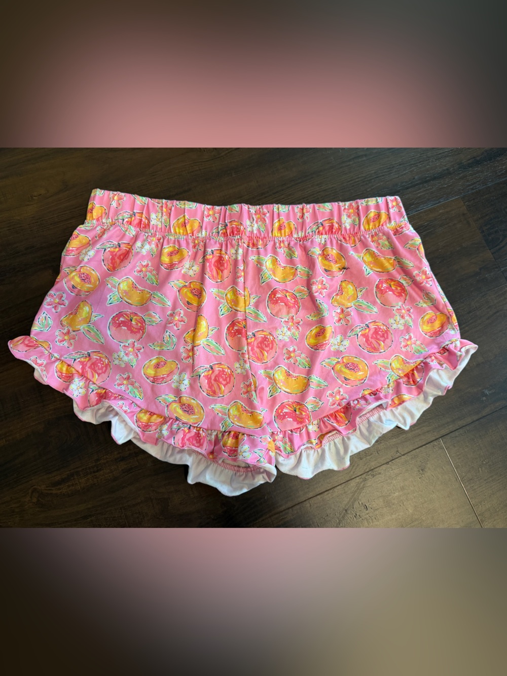 Simply Southern Ruffle Shorts Women’s XL Pink Fruit Floral Peach Print